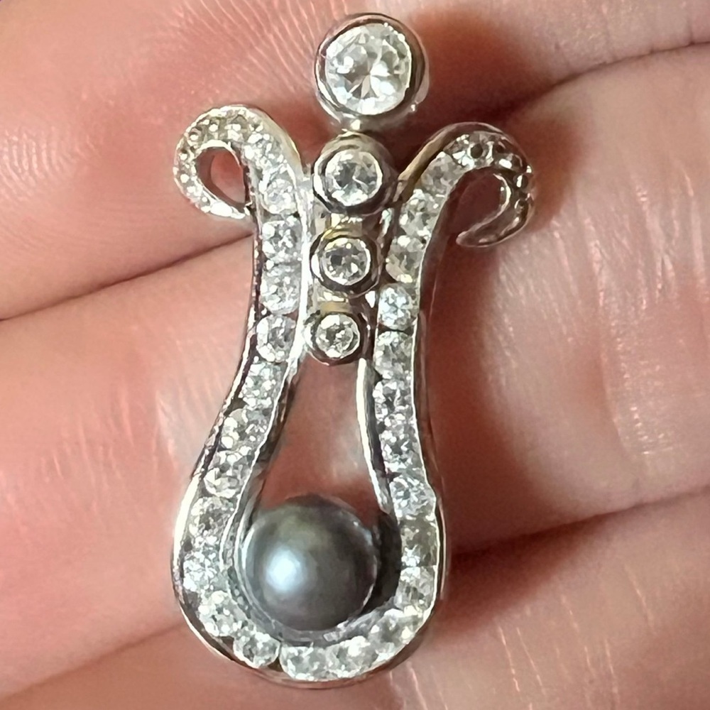 CZ Sterling Silver and Black Pearl Pendant